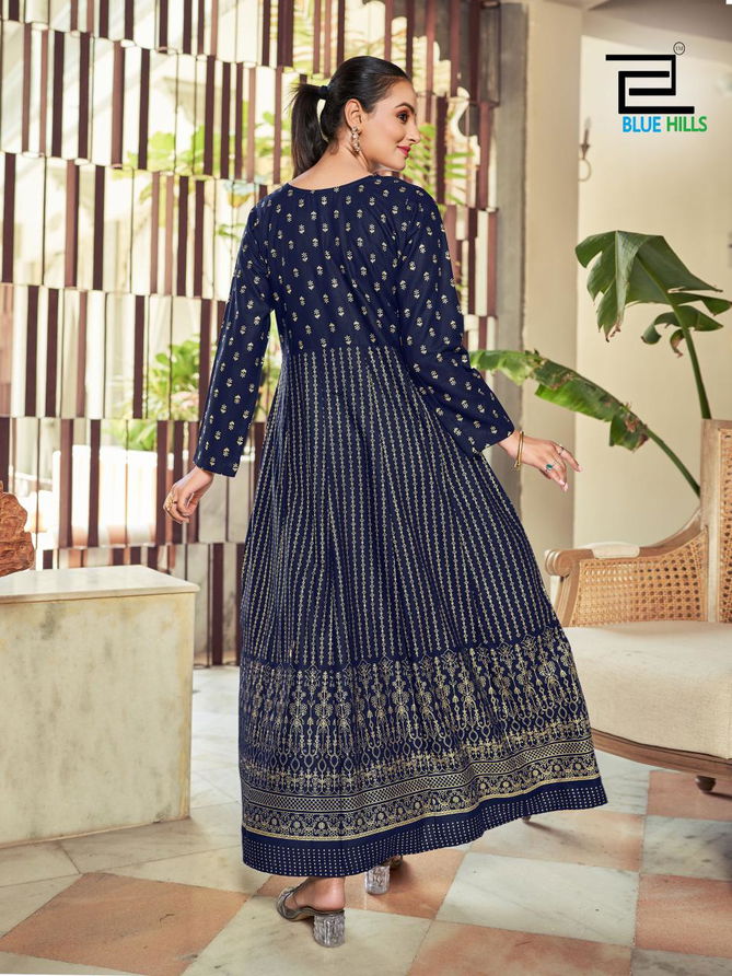 Inaya By Blue Hills Rayon Embroidery Anarkali Kurtis Wholesale Shop In Surat